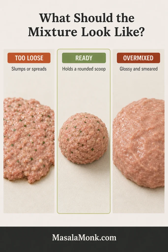 Three raw pork meatball mixtures showing a loose mixture that spreads, a ready mixture that holds a rounded scoop, and an overmixed glossy mixture.