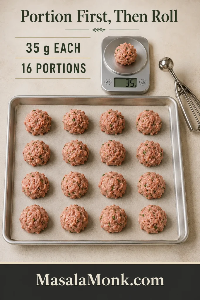 Sixteen raw ground pork meatball portions on a parchment-lined sheet pan, with one portion on a scale reading 35 grams.