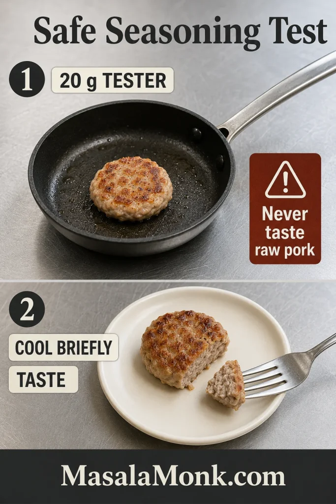 Small pork seasoning tester cooked in a skillet, cooled on a plate, and prepared for tasting with a fork.