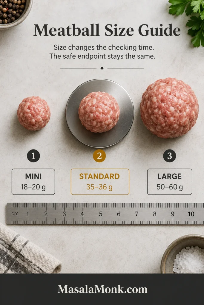 Size guide showing mini, standard, and large raw pork meatball portions with gram ranges and a ruler.