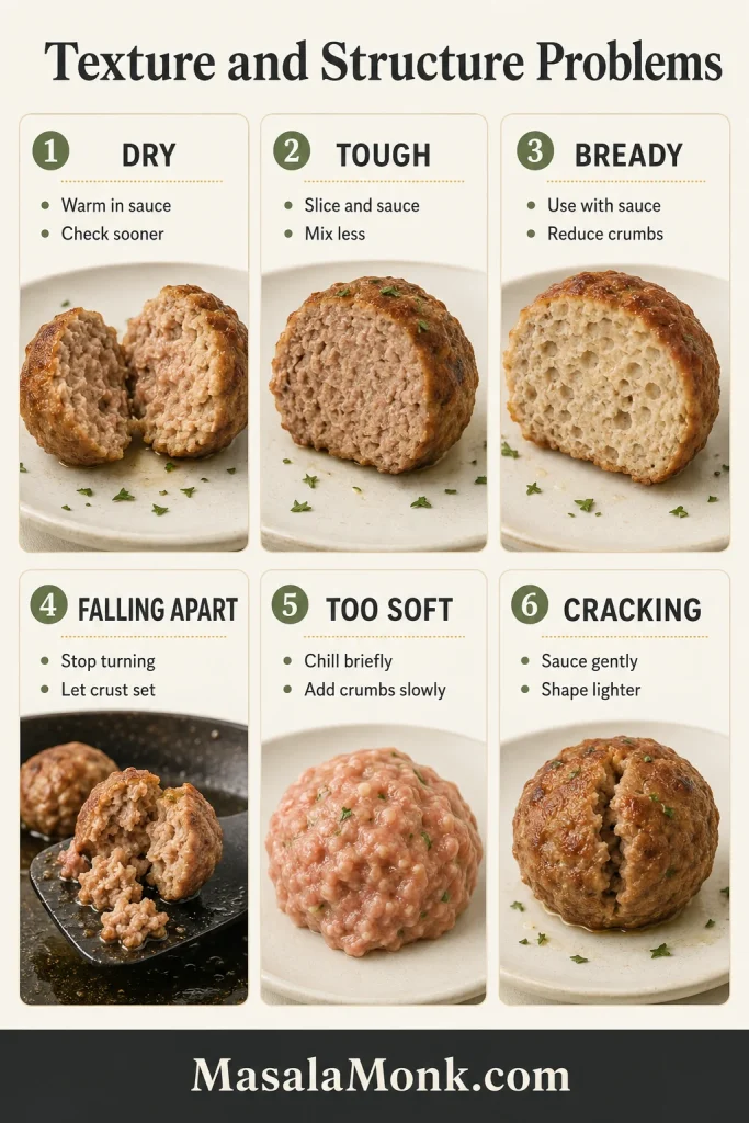 Troubleshooting board showing dry, tough, bready, falling-apart, too-soft, and cracked pork meatball examples with short rescue cues.