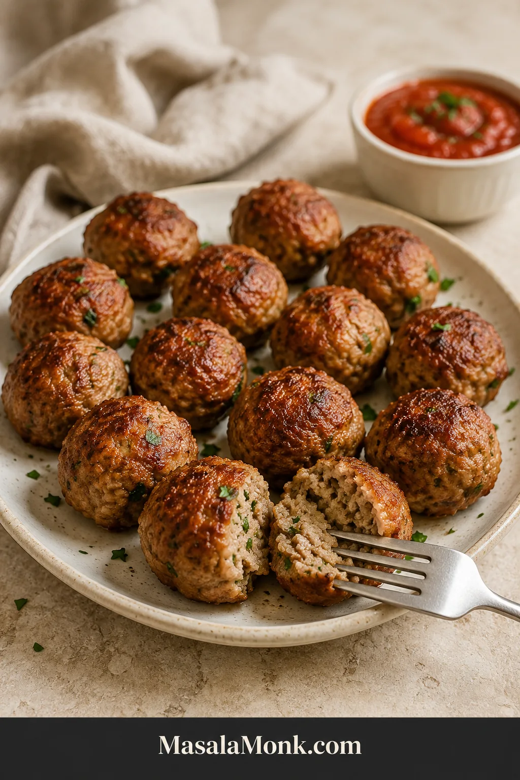 Baked ground pork meatballs on a cream platter, with one meatball split open to show the cooked center and a small bowl of marinara behind it.
