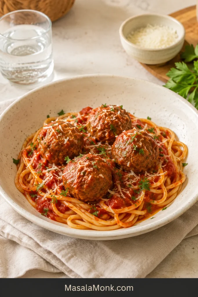 Four pork meatballs served over spaghetti with marinara, parsley, and a small amount of Parmesan in a cream bowl.