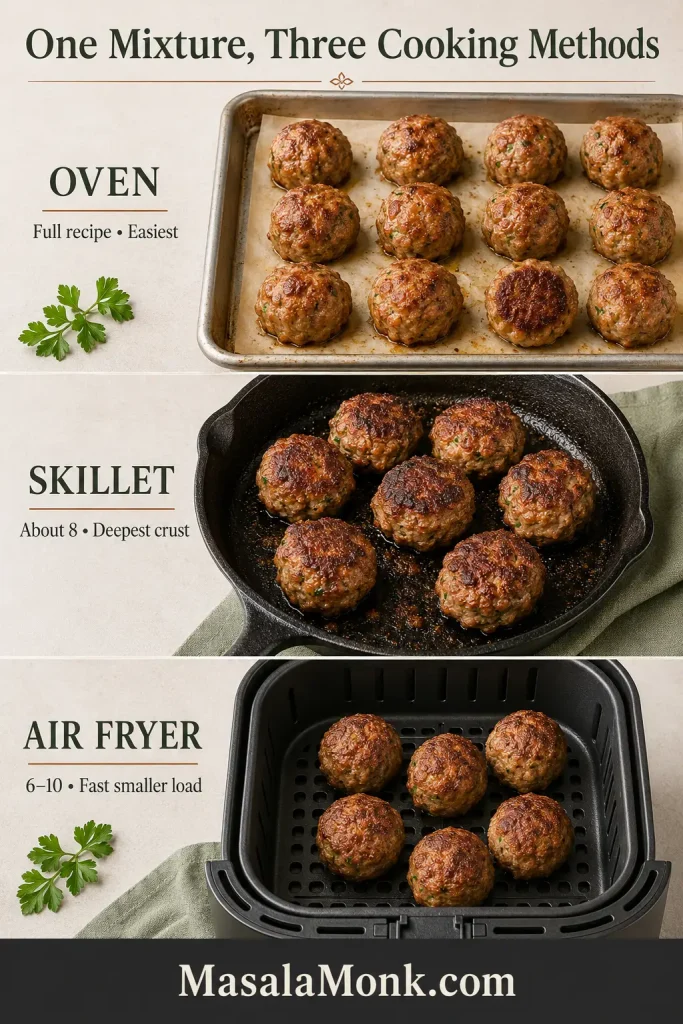 Comparison board showing oven-baked, skillet-cooked, and air-fried ground pork meatballs with different browning levels.