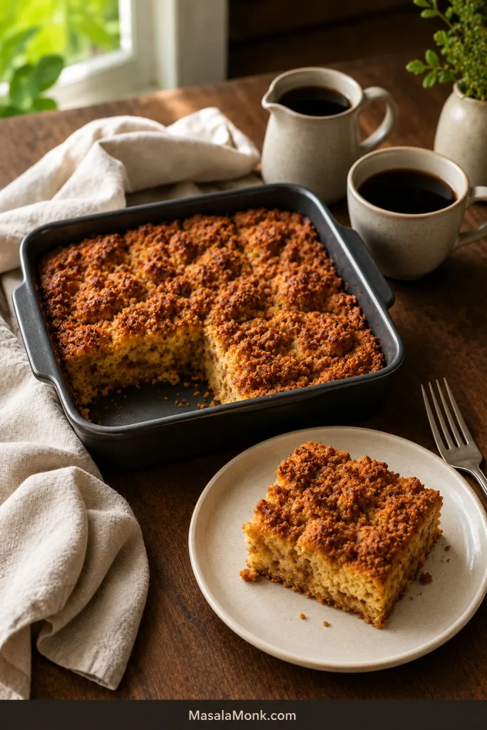 Half-batch French toast casserole in a dark square pan with servings removed and one portion plated for a smaller breakfast.