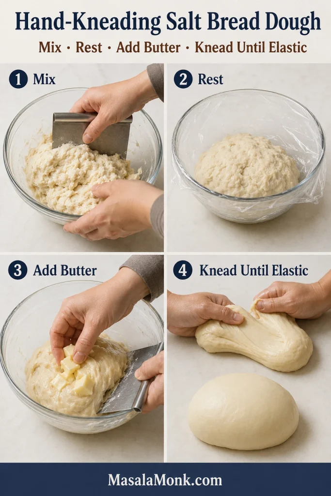 Four-panel hand-kneading guide showing dough being mixed, rested, combined with butter and kneaded until smooth and elastic.