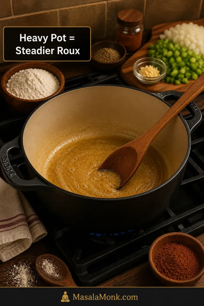 Heavy Dutch oven with flour, fat, and wooden spoon set up for making Cajun étouffée roux