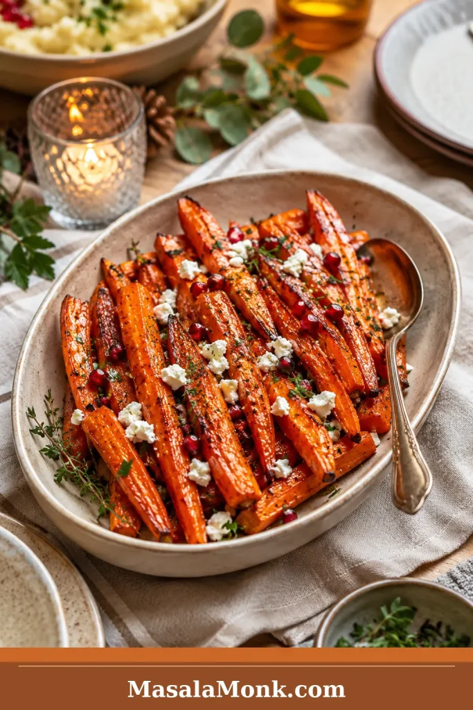 Holiday roasted carrots on a serving platter with herbs, light glaze, pomegranate, and a warm table setting.