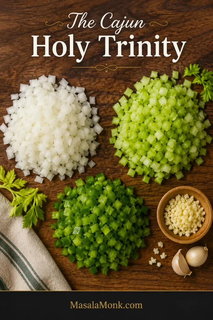 Chopped onion, celery, green bell pepper, and garlic arranged on a wooden board