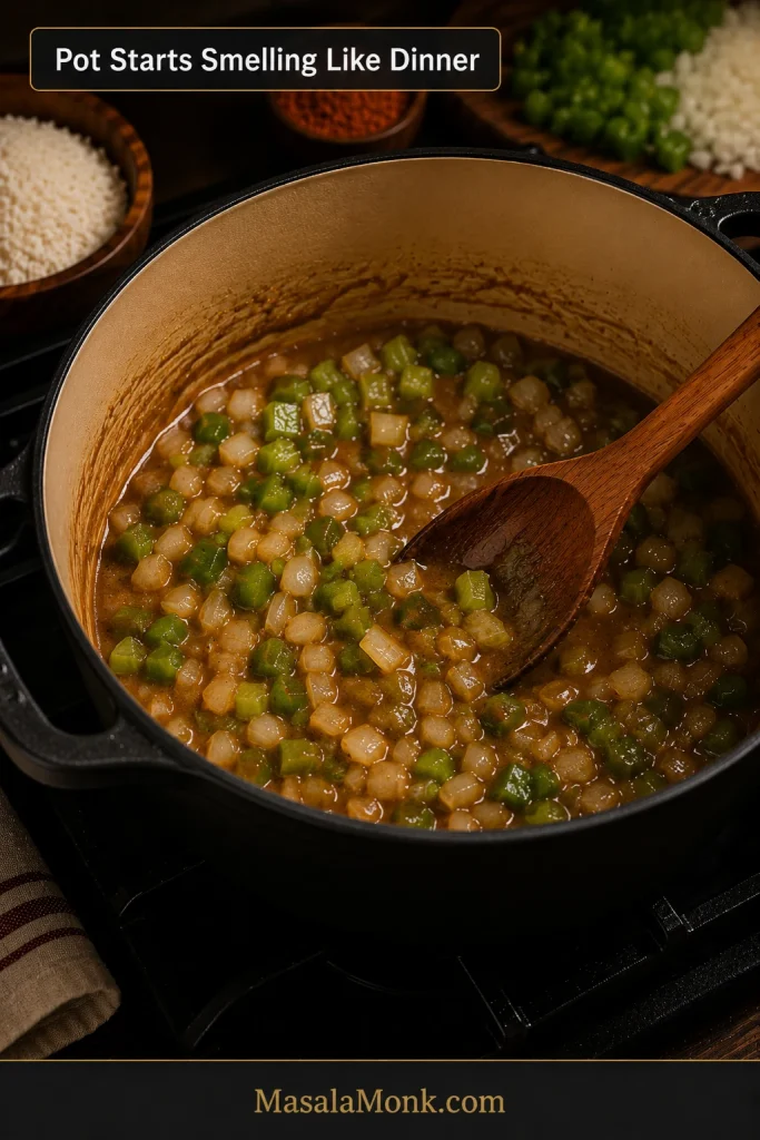 Chopped onion, celery, and green bell pepper stirred into brown roux in a Dutch oven