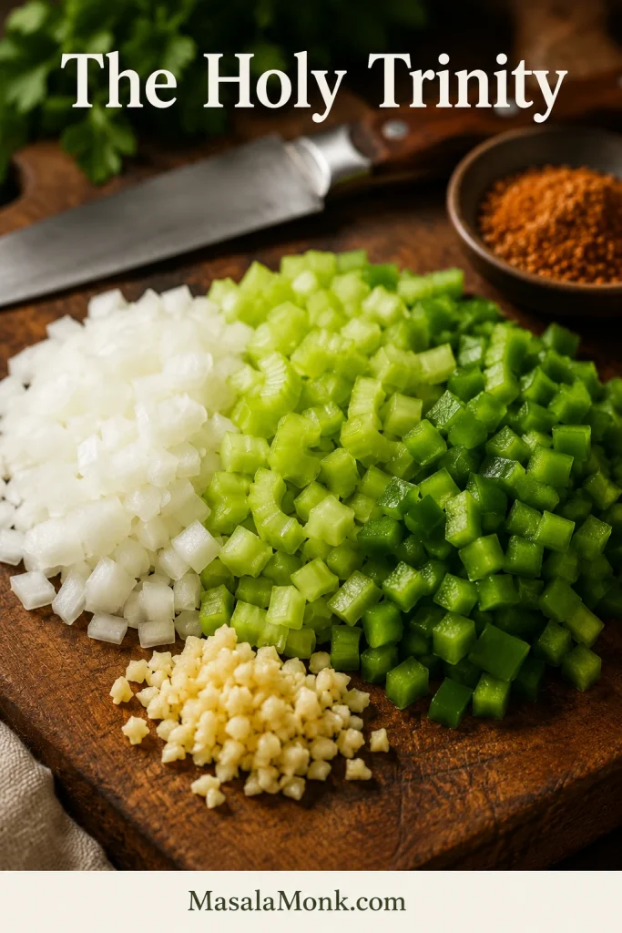 Finely diced onion, celery, and green bell pepper on a cutting board with garlic, a knife, and Cajun seasoning nearby.