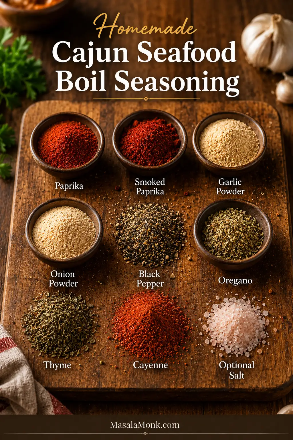 Homemade Cajun seafood boil seasoning ingredients shown in small bowls and spice piles.
