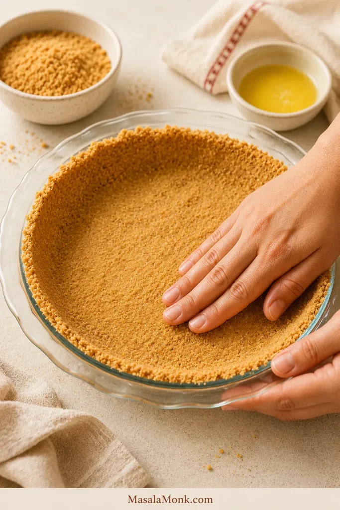 Hands pressing golden graham cracker crumbs into a pie plate to make a homemade crust.