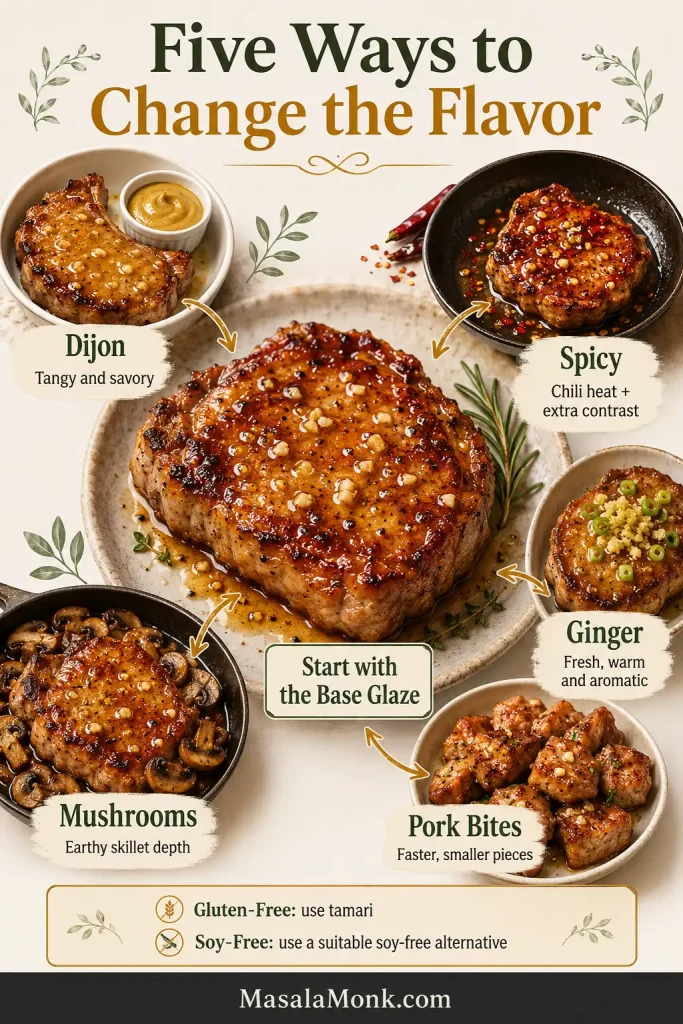 Honey garlic pork chops flavor board showing Dijon, chili, ginger, mushroom and pork-bite variations around a central glazed chop, plus substitution notes.