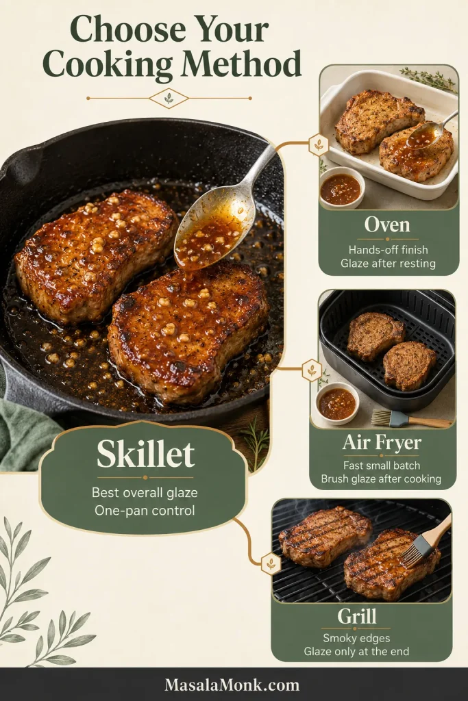 Cooking-method guide for honey garlic pork chops with a glazed skillet version in the center and smaller baked, air-fried and grilled versions around it.