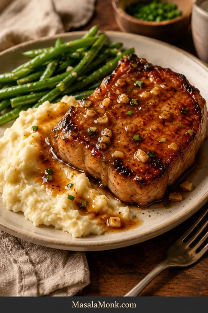 A glazed honey garlic pork chop served with creamy mashed potatoes and green beans on a warm-toned plate.