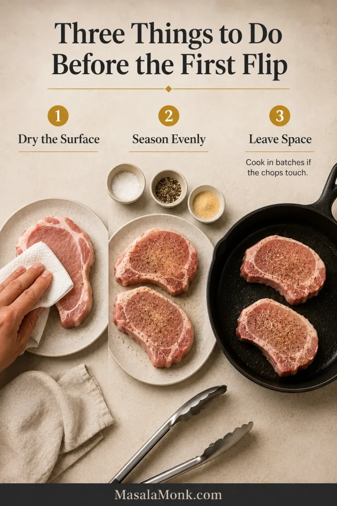 Overhead scene showing a pork chop being patted dry, two chops seasoned and two more spaced apart in a skillet.