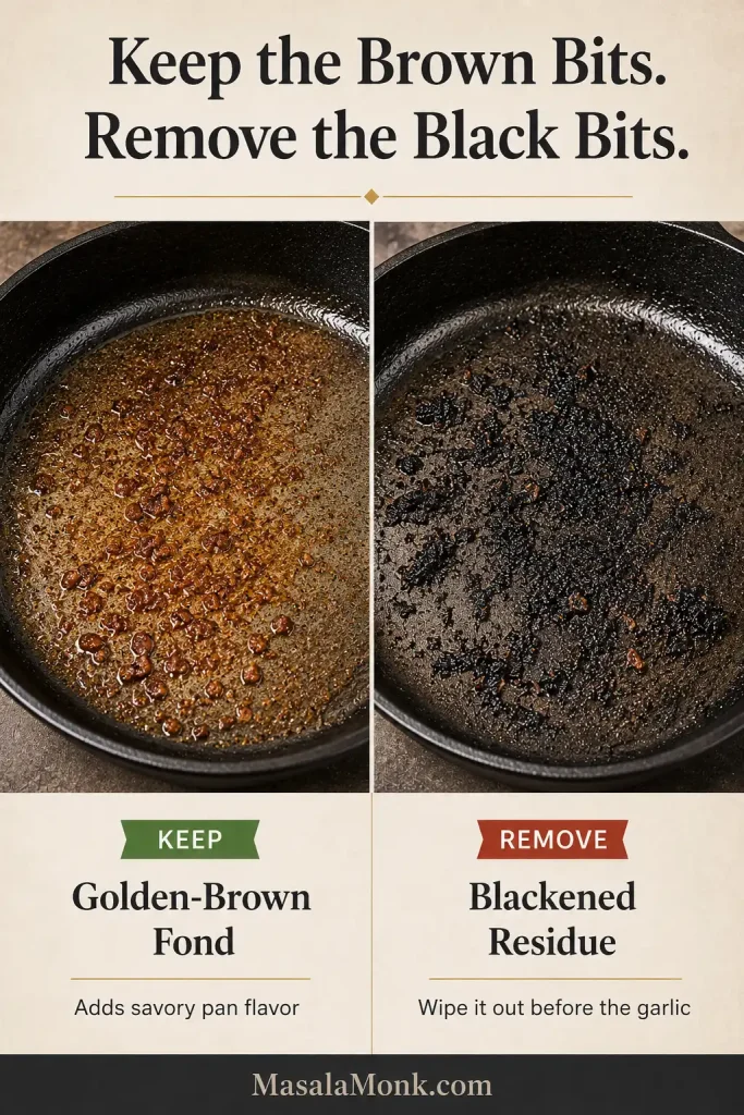 Side-by-side skillet comparison showing usable golden-brown fond and blackened residue left after searing pork chops.