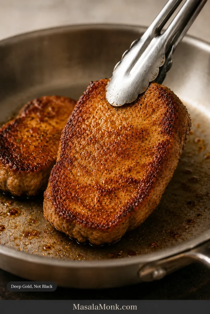 Stainless-steel tongs lift a pork chop in a skillet to reveal an evenly golden-brown seared surface with a few darker caramelized patches.