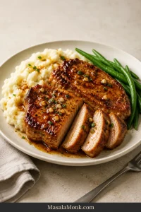 Alt text: Two honey garlic pork chops served with mashed potatoes and green beans on an ivory plate; one chop is sliced to reveal a moist, fully cooked center.