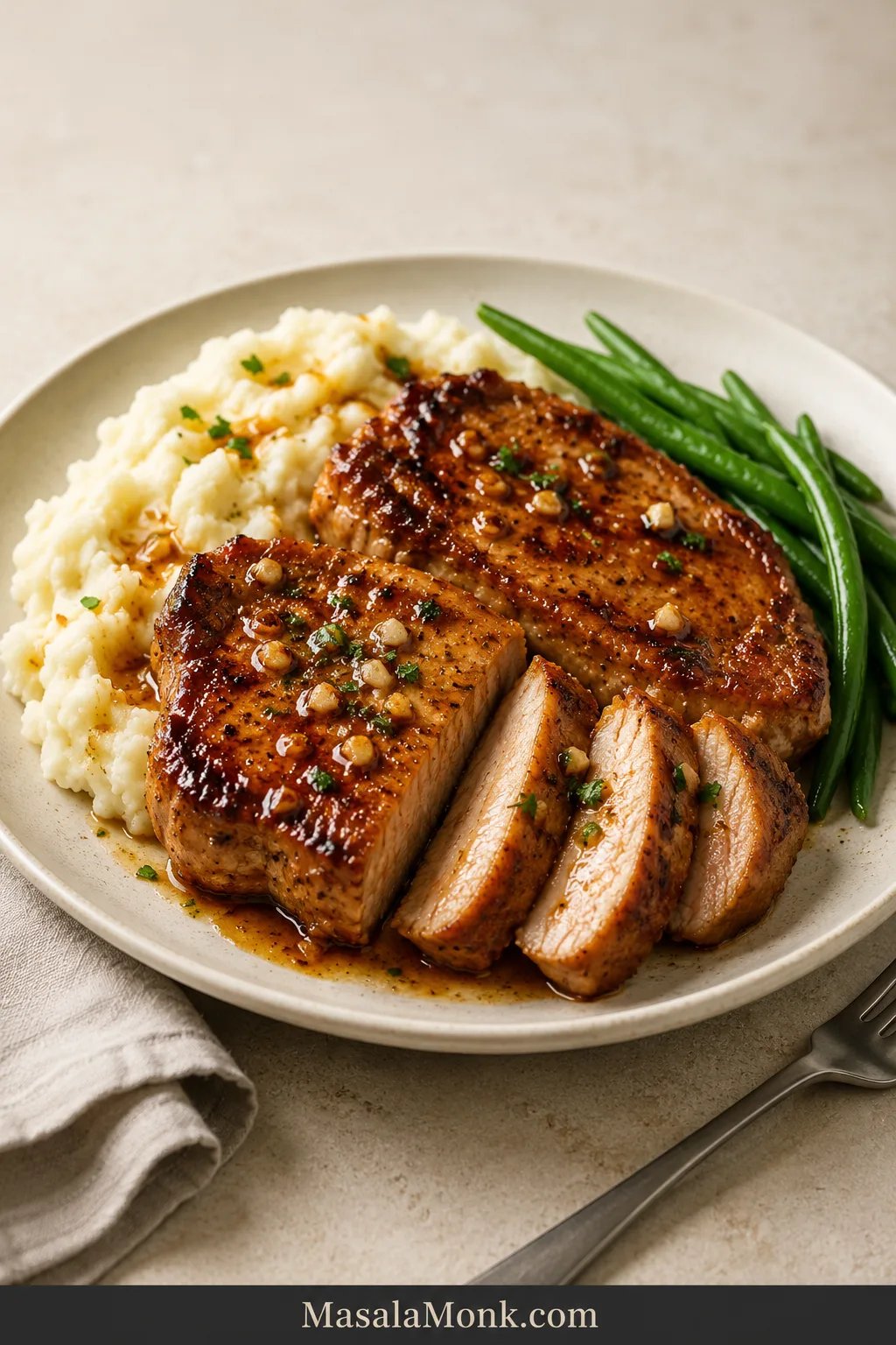 Alt text: Two honey garlic pork chops served with mashed potatoes and green beans on an ivory plate; one chop is sliced to reveal a moist, fully cooked center.