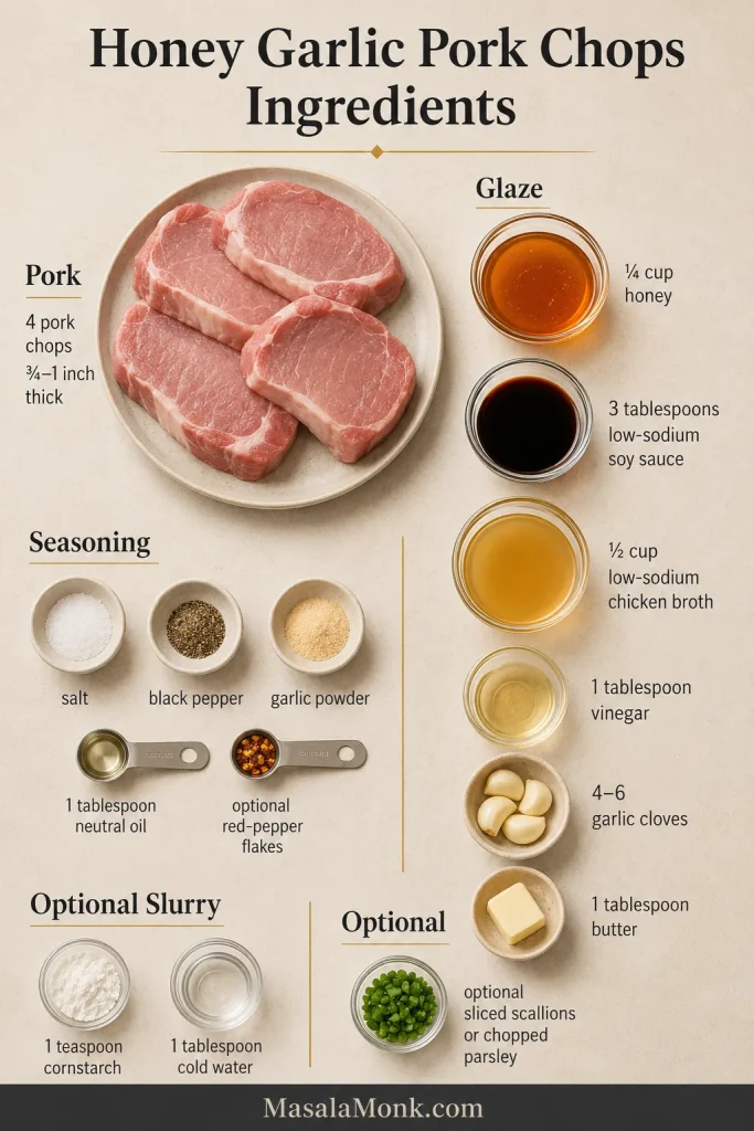 Overhead arrangement of four raw pork chops with measured honey, low-sodium soy sauce, chicken broth, vinegar, garlic, butter, seasonings, oil and cornstarch slurry.