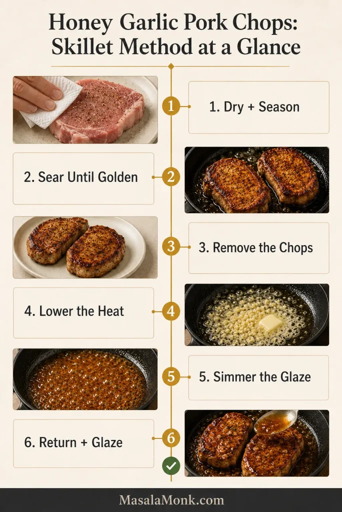 Six-step honey garlic pork chops guide showing the meat being dried, seasoned, seared and removed before the garlic sauce is simmered and used for glazing.