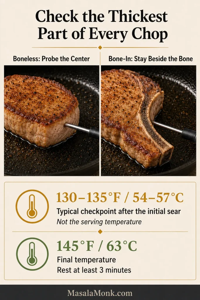 Guide showing a thermometer inserted horizontally into a boneless pork chop and beside the bone in a bone-in chop, with interim and final temperature markers.