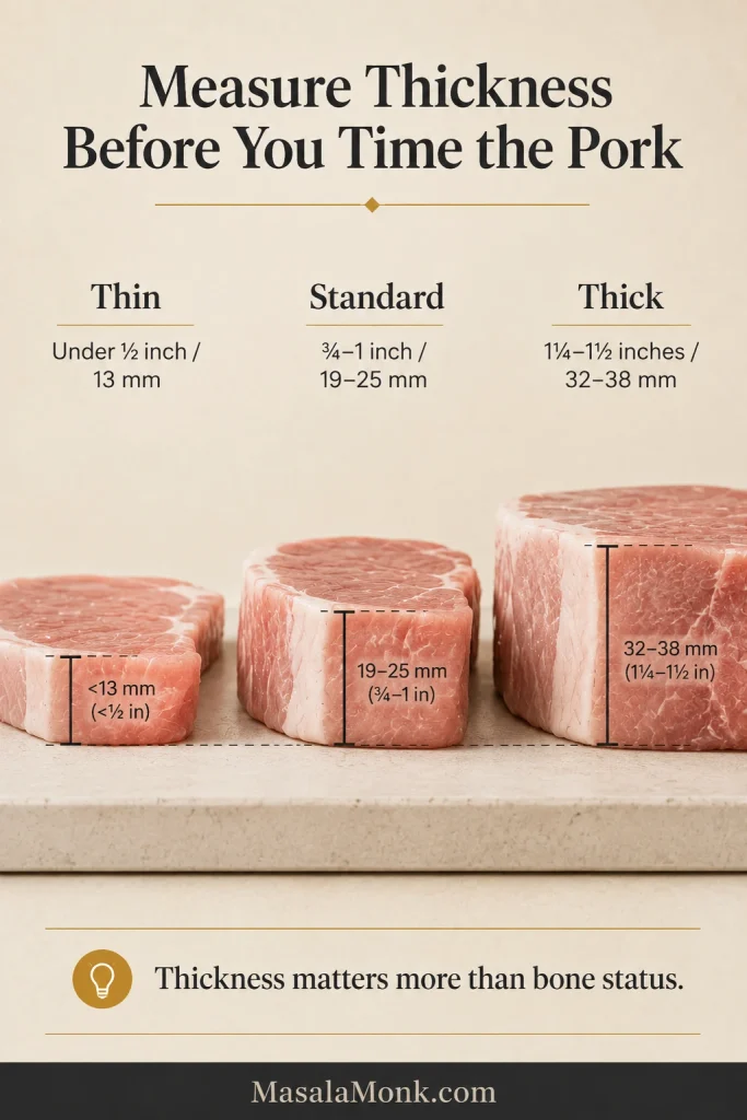 Three raw pork chops shown from the side with guides identifying thin, standard and thick cuts.