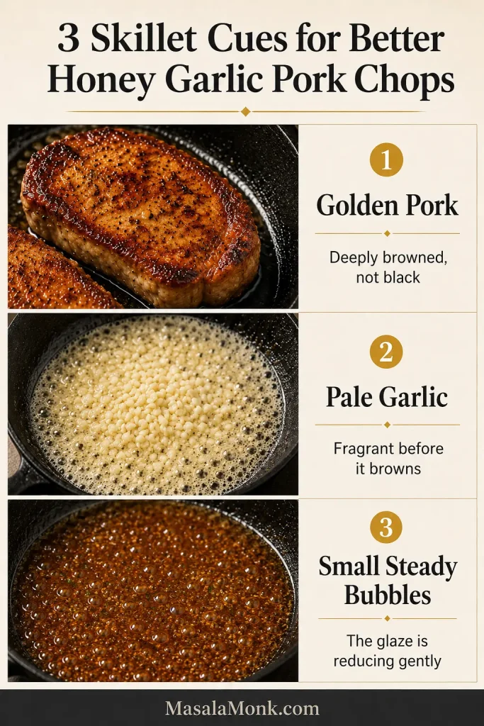 Three-panel guide showing a golden-brown pork chop, pale chopped garlic cooking in butter and honey garlic sauce reducing with small bubbles.