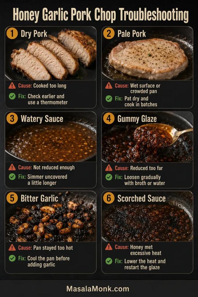Honey garlic pork chops troubleshooting guide showing dry pork, pale pork, watery sauce, gummy glaze, bitter garlic and scorched sauce with causes and fixes.
