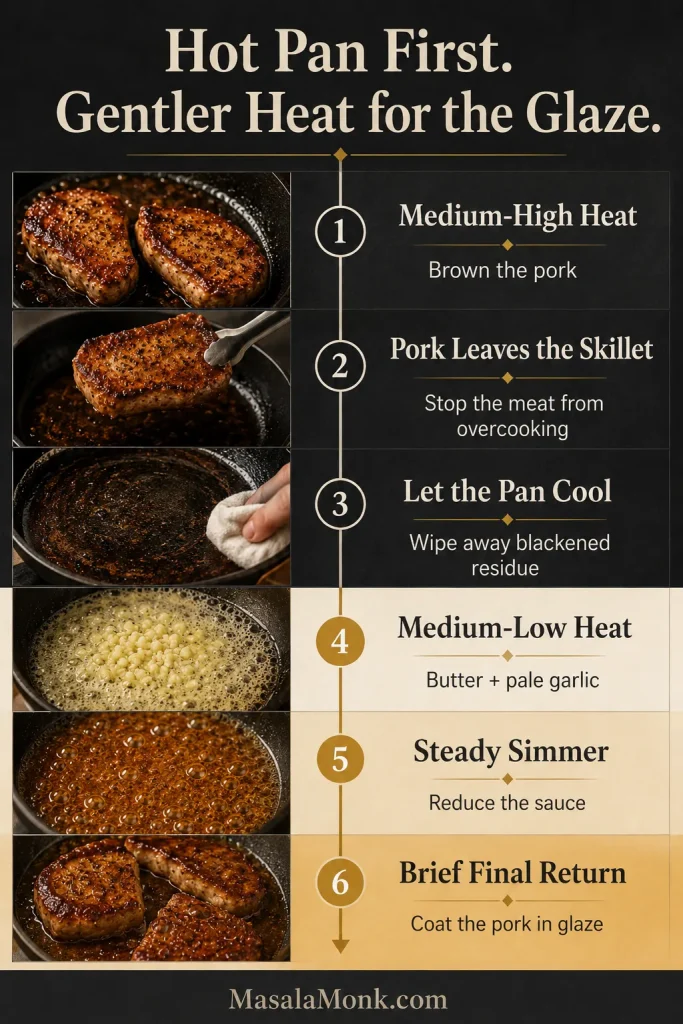 Cooking timeline showing pork browned over medium-high heat, removed from the skillet, then returned after garlic and sauce cook over gentler heat.