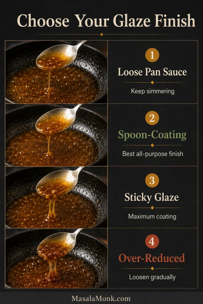 Four-stage guide comparing loose pan sauce, spoon-coating sauce, sticky glaze and an over-reduced glaze dripping from a spoon.