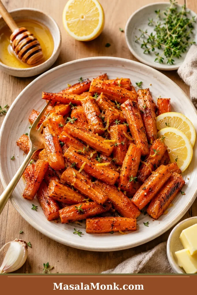Honey roasted carrots on a cream plate with lemon, herbs, black pepper, and a light glossy glaze.