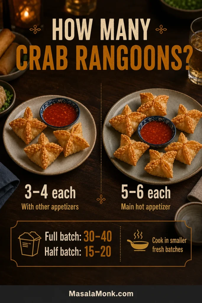 Serving guide showing four crab rangoons for a mixed appetizer spread and six for a main hot appetizer, with full- and half-batch quantity guidance.