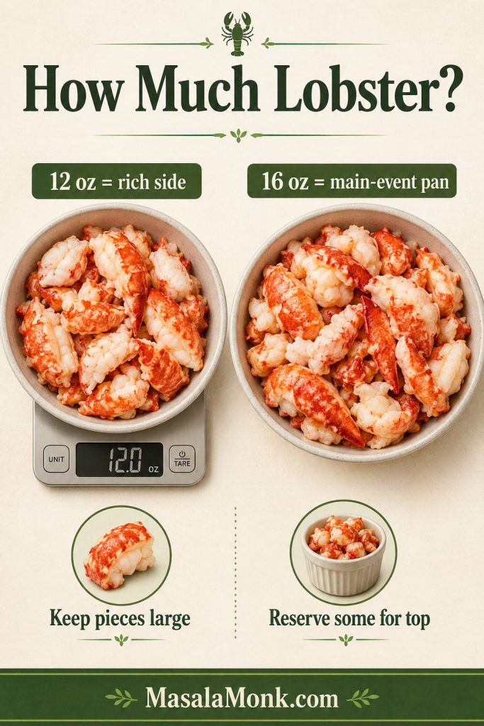 Two portions of cooked lobster meat labeled for 12 ounces and 16 ounces to show how much lobster to use in mac and cheese.