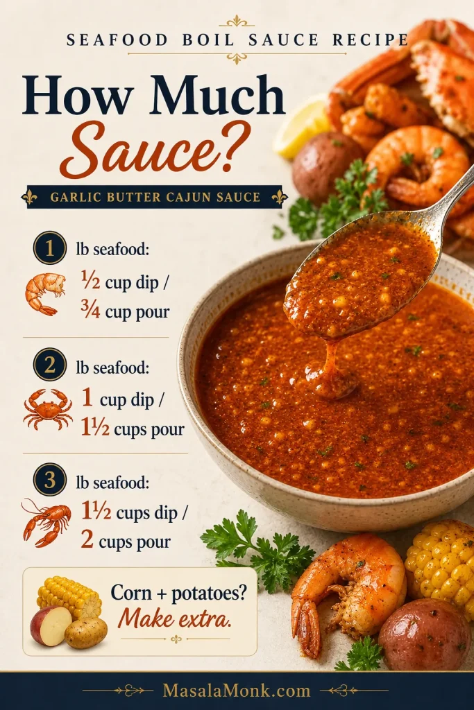 Guide showing how much seafood boil sauce to make by pounds of seafood.