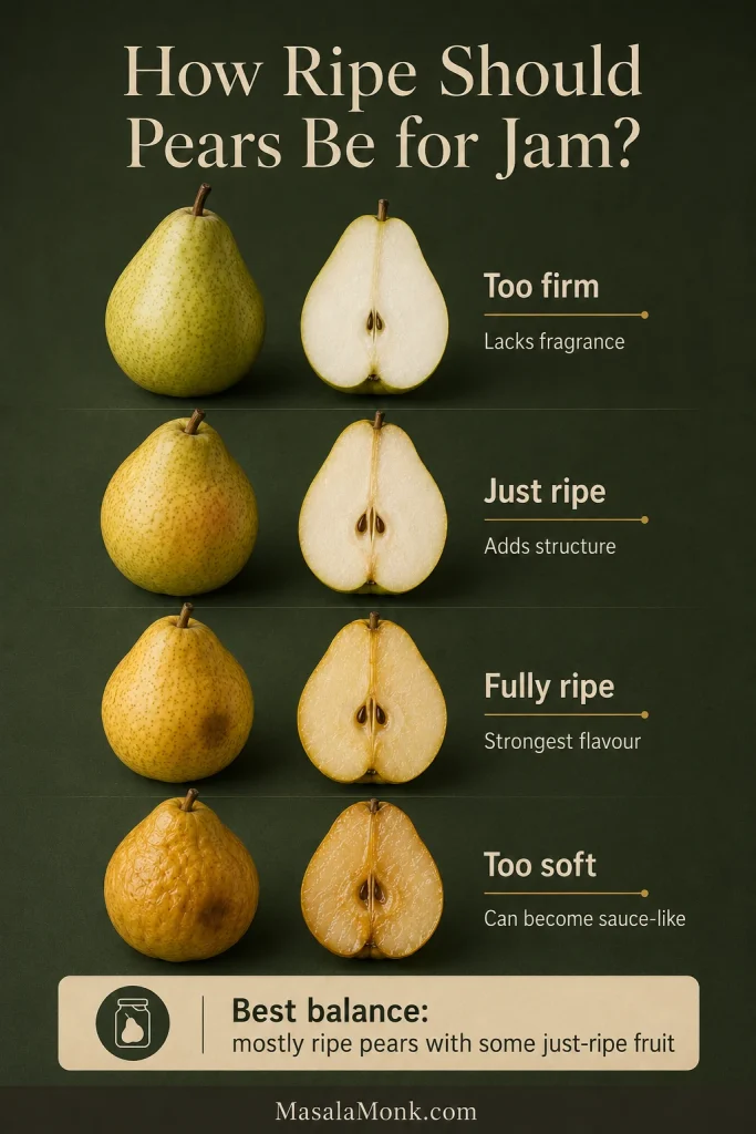 Whole and cut pears compare fruit that is too firm, just ripe, fully ripe and very soft.