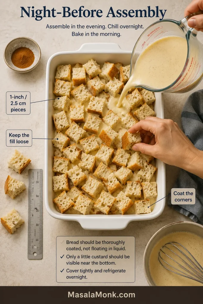Overhead assembly guide showing evenly cut bread loosely arranged in a white baking dish while custard is poured between the pieces.