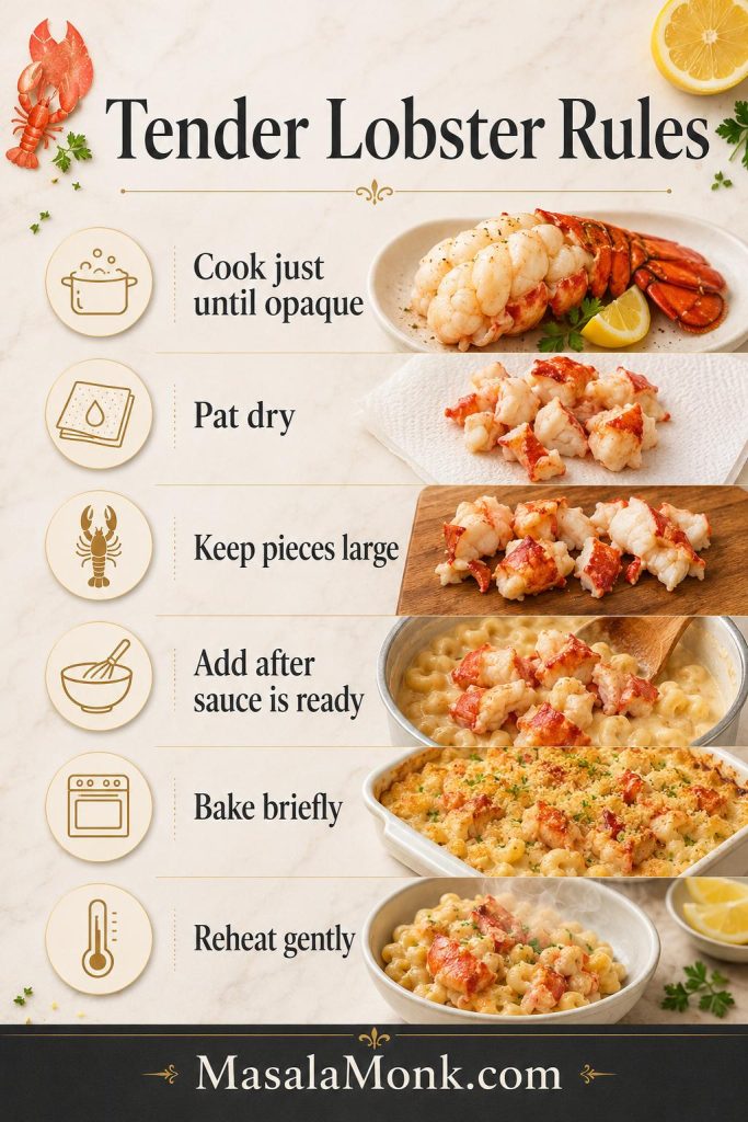 Infographic titled Tender Lobster Rules showing lobster cooking, drying, cutting, adding to sauce, baking briefly, and reheating gently.