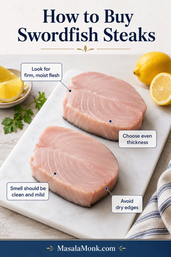 Raw swordfish steaks on a board with buying tips for firm flesh, even thickness, clean smell, and no dry edges.
