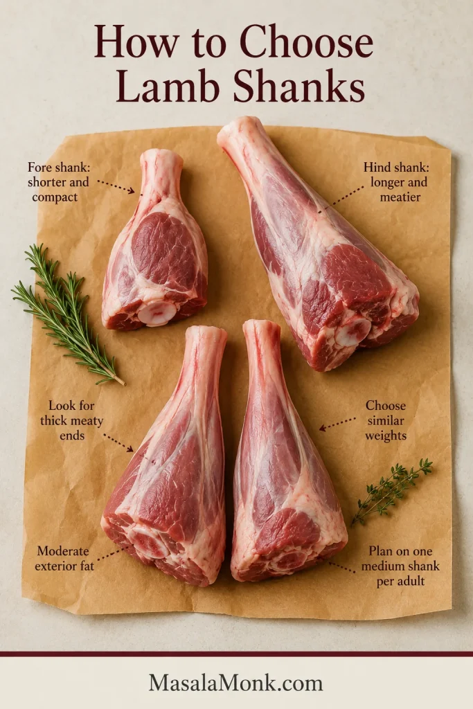 Raw fore and hind lamb shanks compared by length, meatiness and matching weight on a butcher-paper background.
