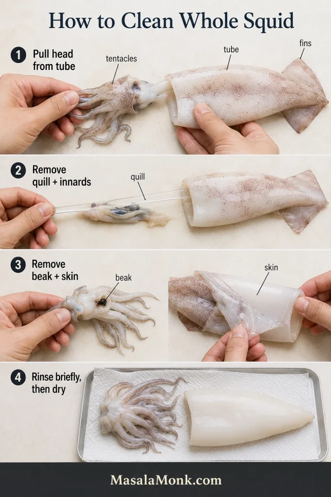 Four-step guide showing whole squid cleaned by removing the head, quill, innards, beak, skin and moisture.