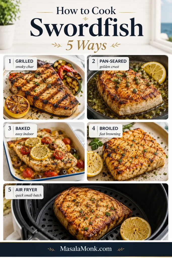 Visual guide showing five swordfish cooking methods: grilled, pan-seared, baked, broiled, and air fried.