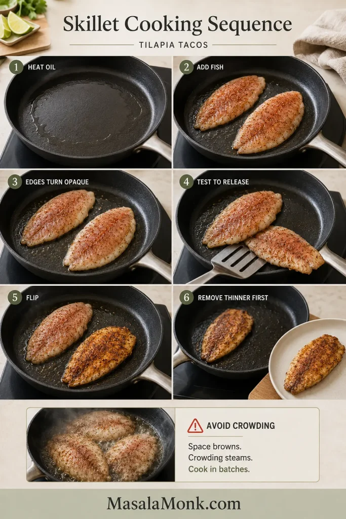 Step-by-step skillet sequence showing oil heating, spaced tilapia fillets cooking, opaque edges forming, release being tested, one fillet flipped and a thinner fillet removed first.