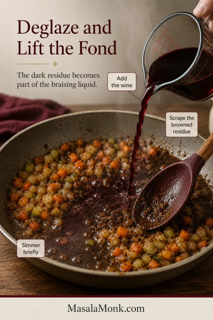 Red wine poured into a pan of vegetables while a wooden spoon scrapes browned residue from the base.