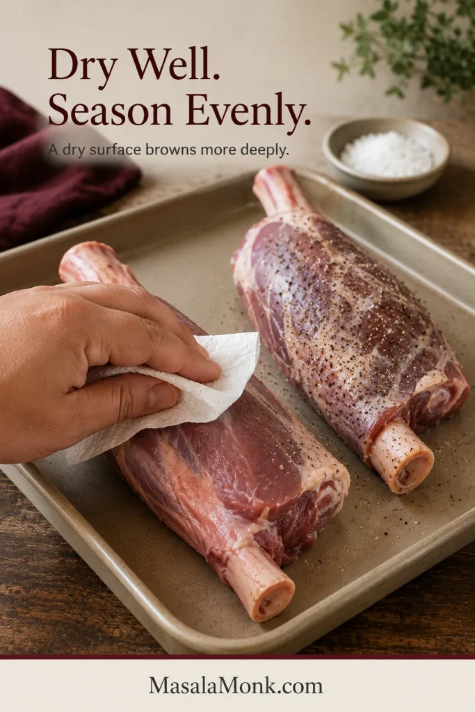 A hand pats a raw lamb shank dry beside a second shank seasoned evenly with salt and black pepper.