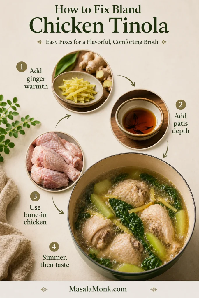 Troubleshooting guide for bland Chicken Tinola broth with ginger, fish sauce, bone-in chicken, and a simmering pot.