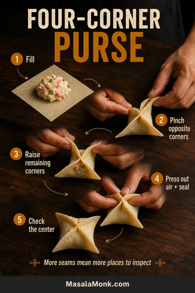 Five-step guide showing a filled wonton wrapper formed into a four-corner purse by joining opposite corners, raising the remaining corners and sealing the seams.