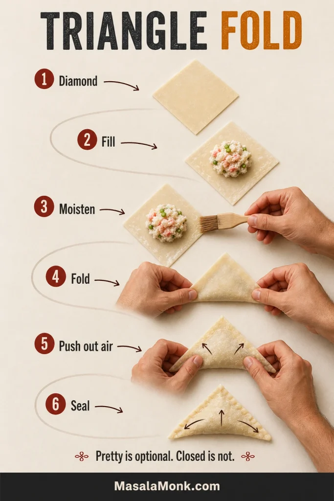 Six-step overhead guide showing a square wonton wrapper filled, moistened, folded into a triangle, pressed to remove air and sealed along the edges.